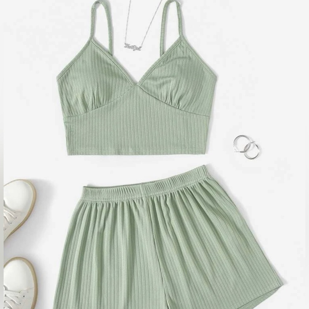 Solid ribbed knit lounge set